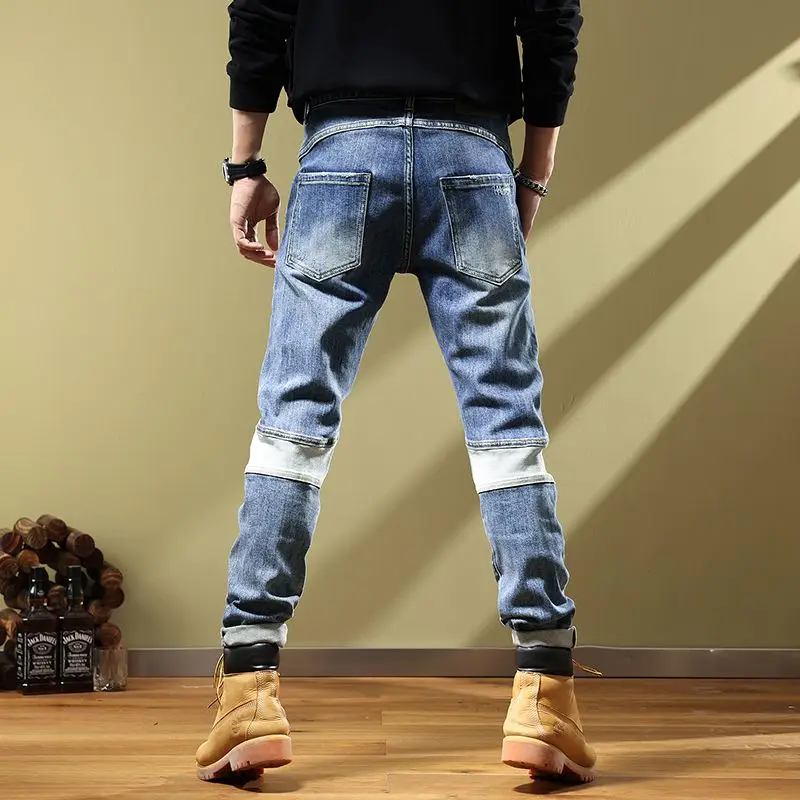 Calça de cintura alta masculina com bolsos, jeans chiques, retalhos, slim, versátil, simplicidade coreana, nova moda, roupas para primavera e outono