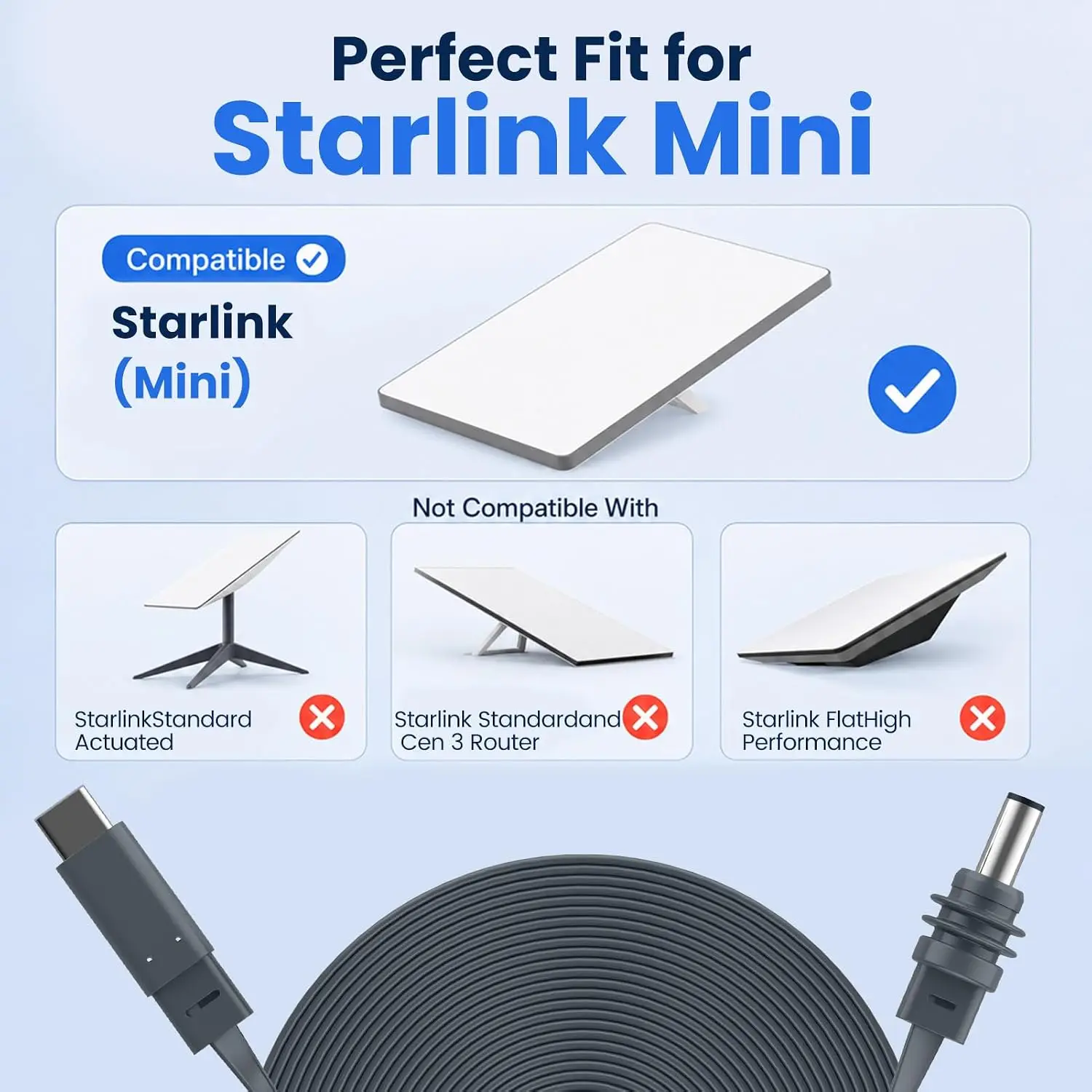 3M 5M 10M Starlink Mini Flat DC Power Cable Waterproof Replacement Cord 20AWG DC Male to Male Cord for Starlink Mini & Mini X