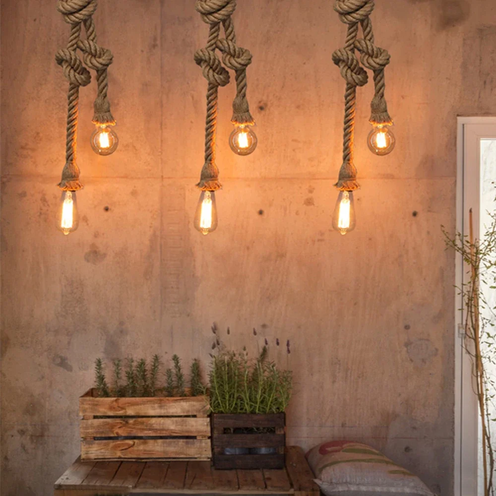 Retro Vintage Hemp Rope Pendant Light American Industrial Hanging Lamps Creative Loft Country Style Ceiling Lamps E27 Edison LED