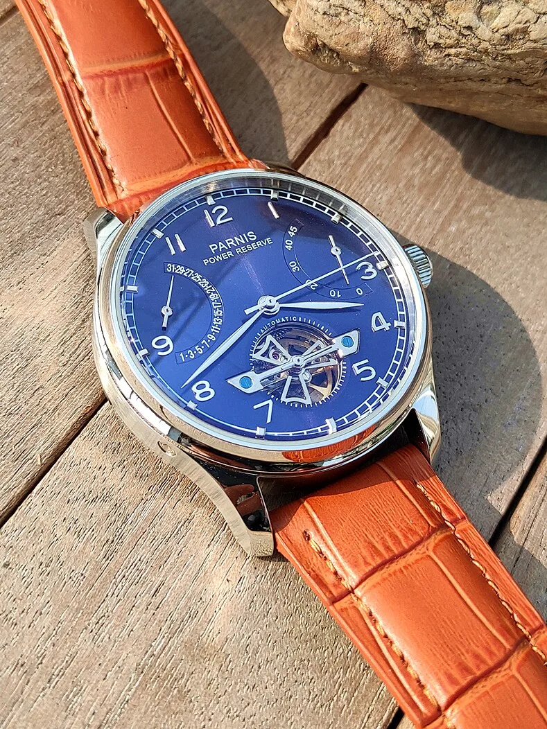 Parnis Automatic Mechanical Men Watch, Seagull ST25 Movement, Fly‑back Calendar, Power Reserve Display, Skeleton, Business Genui