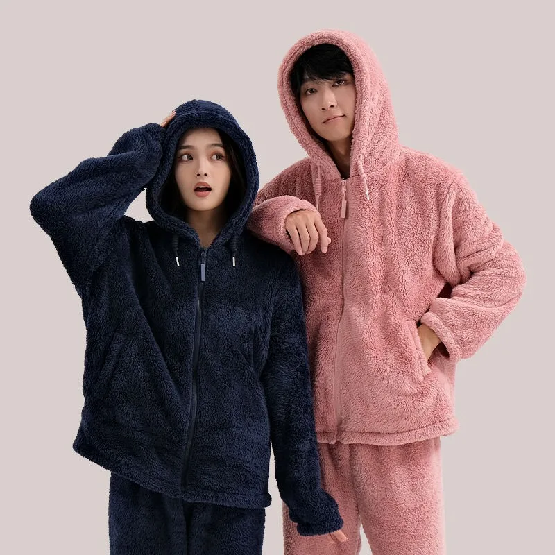 2024 neue Pyjama Frauen Herbst Winter sowie samt gepolsterte Nachtwäsche Korallen samt Männer Frauen tragen warme Kapuzen reiß verschluss Homewear