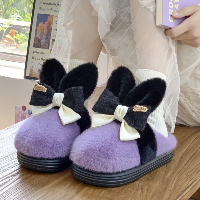 Stand firmly Bunny Ear Slippers Woman Purple Furry Bowknot Fur Slippers Winter Warm Fuzzy Clogs Shoes zapatillas de casa mujer