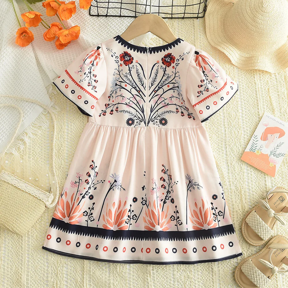 Bear Leader 3-7Y Girls Dresses Summer Short Sleeves Flower Printing Dress Round Neck Kids Clothing Casual Flora Baby Girl Cloths