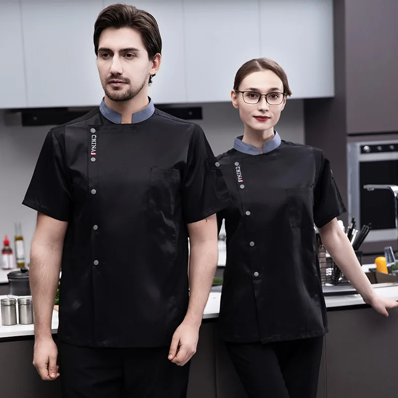 Uniforme de chef d'été, cuisine d'hôtel restaurant cantine salle à manger salopette de chef à manches courtes, blanc fin