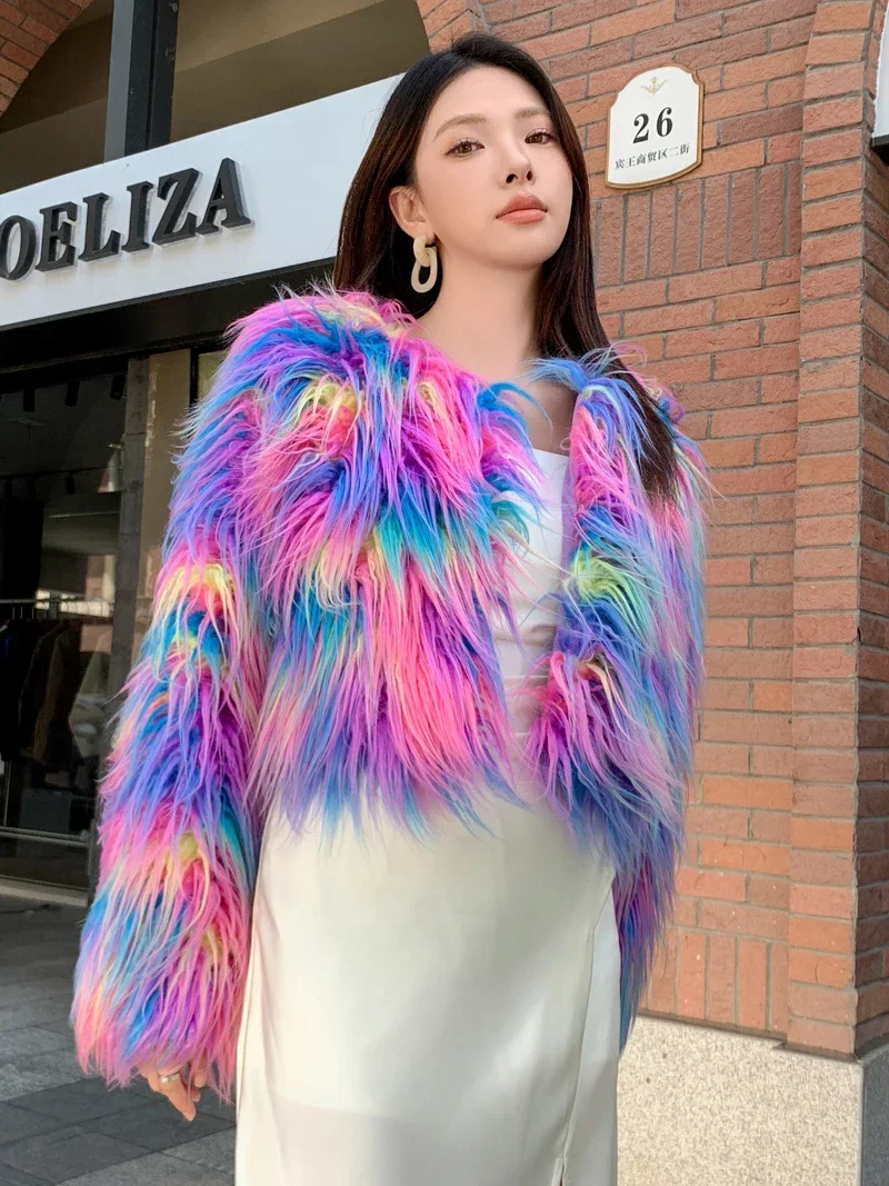 Autumn Winter New Popular Dream Purple Faux Fur Coat Women's Imitation Beach Sheep Woolen Short Colorful Long Sleeves Top Jacket