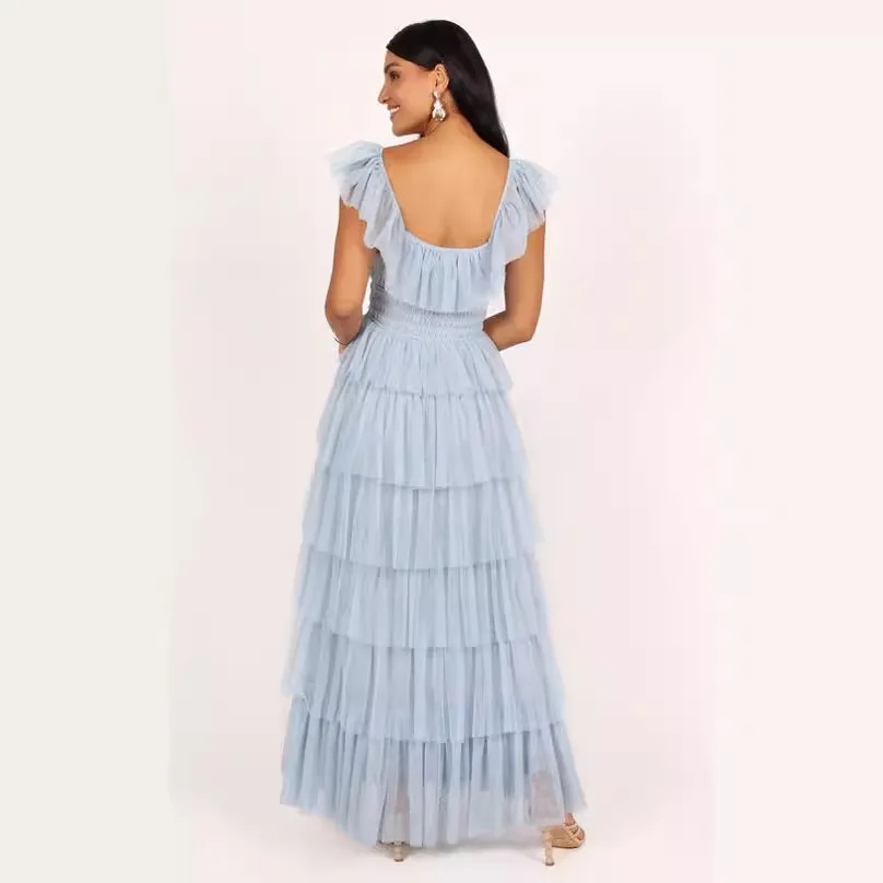 2024 New Women\'s Blue Tulle Ruffled U-neck Party Sexy Dress Long Dress Princess Style Birthday Dress Backless Tiered Gown