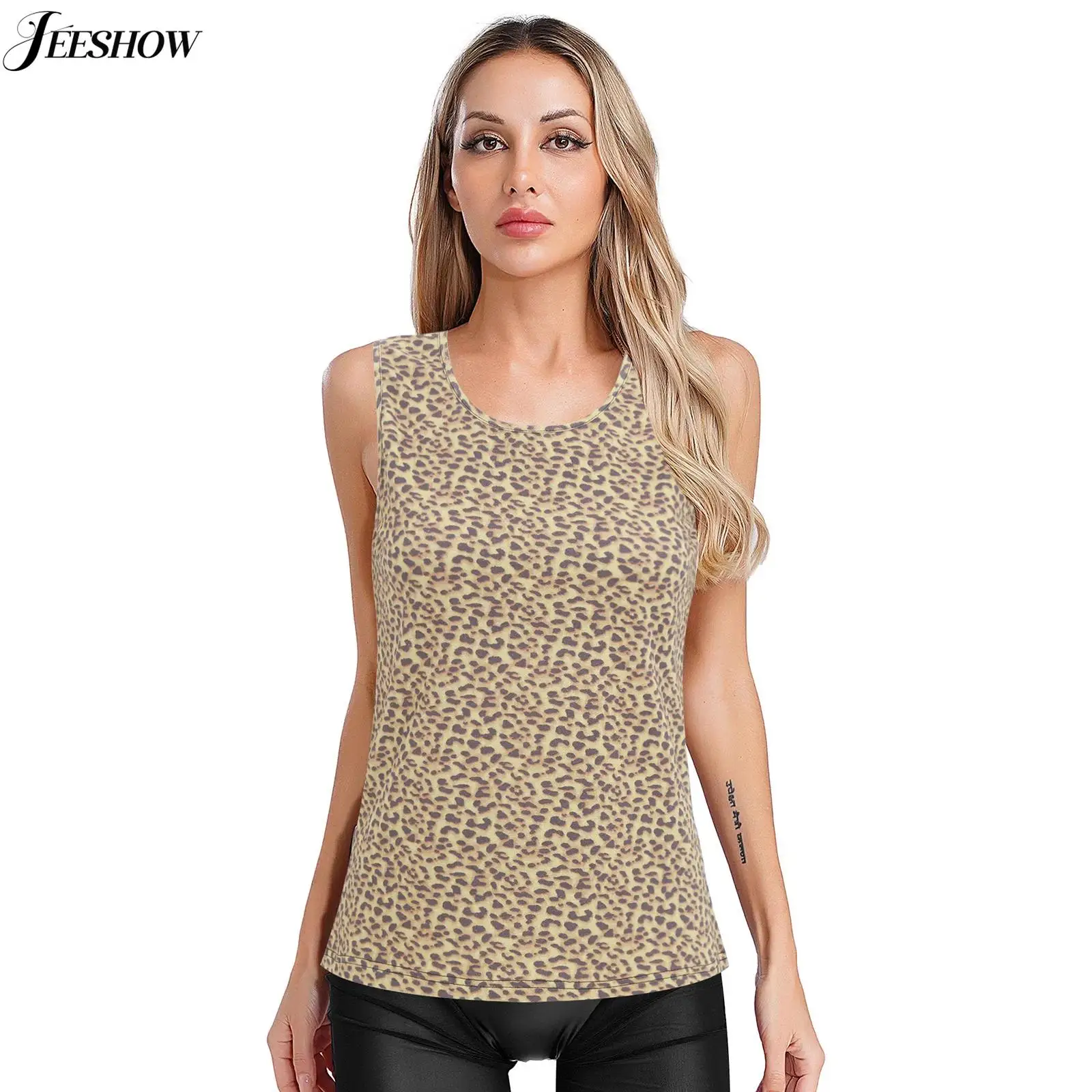 

Womens Leopard Print Summer Tank Top Casual Crew Neck Sleeveless Vest Top Daily Holiday Basic Tee Shirt Blouse Party Club Wear