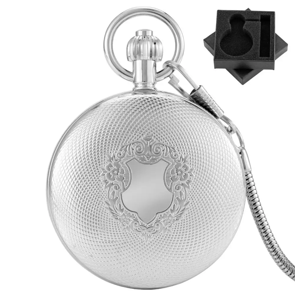 Luxury Retro Silver Copper Automatic Mechanical Pocket Watch Shield Pattern Cover Arabic Numeral Dial Fob Chain Pendant Clock