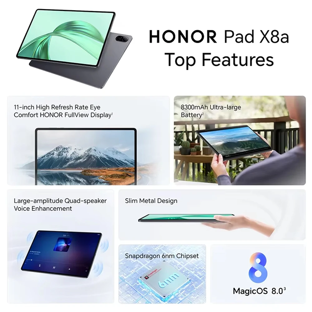 HONOR Pad X8a, versión europea, tableta WiFi, pantalla de 11 pulgadas con alta frecuencia de actualización, batería de 8300 mAh, mejora de voz con cuatro altavoces de amplitud grande 3