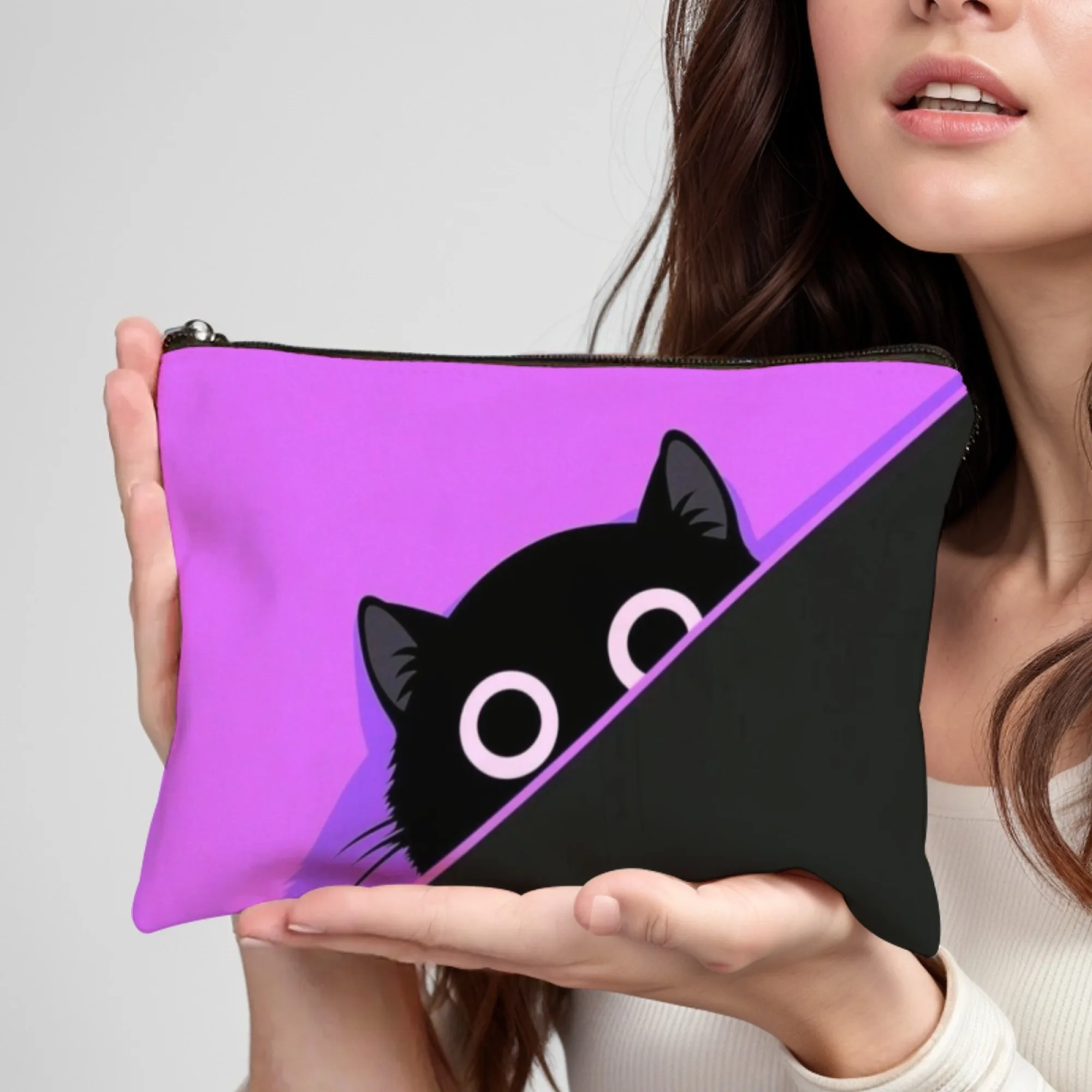 Cute and Playful Cosmetic Bag with Peeking Purple Black Cat Design  Adorable for Cat Lovers & Daily Makeup Storage Ideal Gift