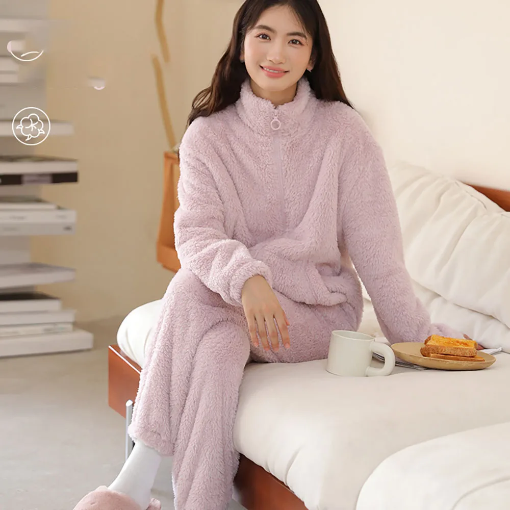 Fall Winter Home Wear Women's Zip-up Cardigan Fleece Pajamas Sets Solid Loose Reversible Fleece Thermal Ladies Sleepwear Suit