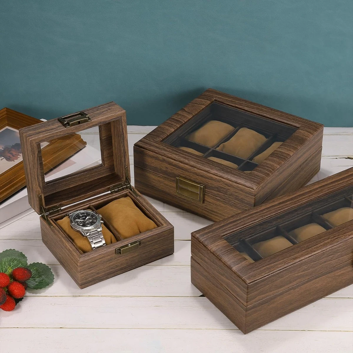 Hot Sale Retro Imitatie Houtnerf Pu Lederen Display Opslag Collectie Organizer Horlogedoos voor Horloge Display Box Geschenken