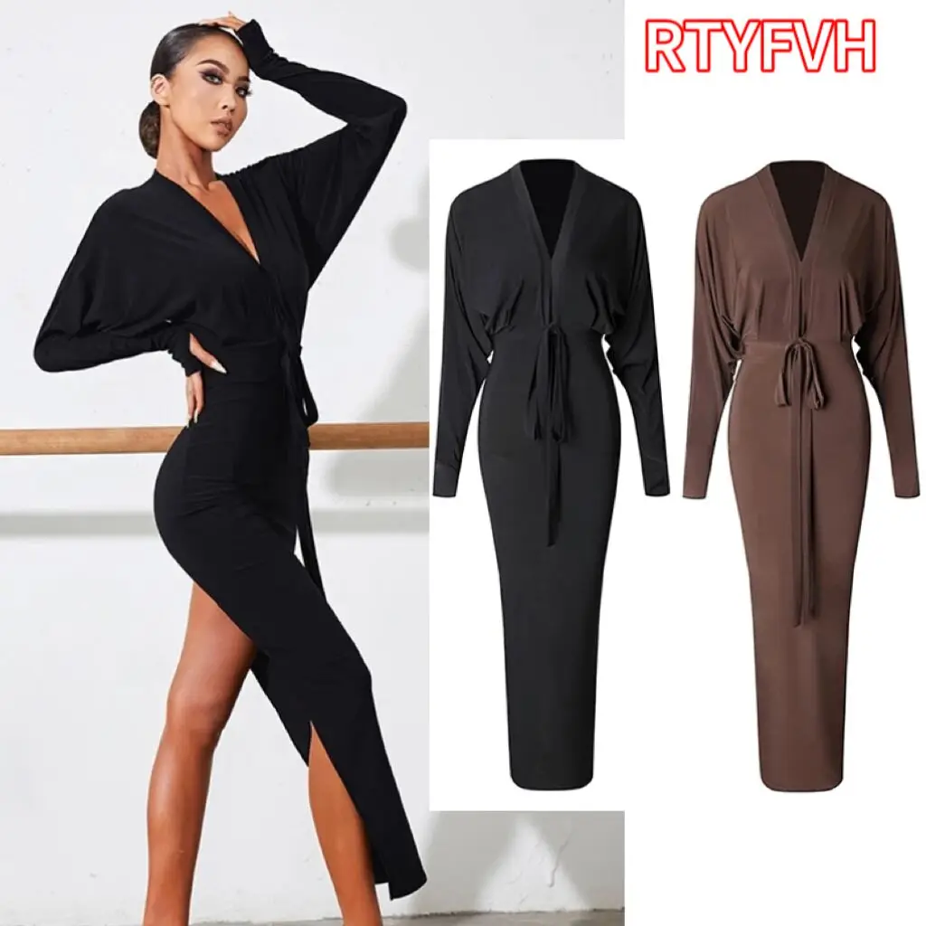 New Latin Dance Dress Women abito lungo con spacco a maniche di pipistrello Prom Rumba Ballroom Dance Competition Dress Adult Practice Wear DNV16777