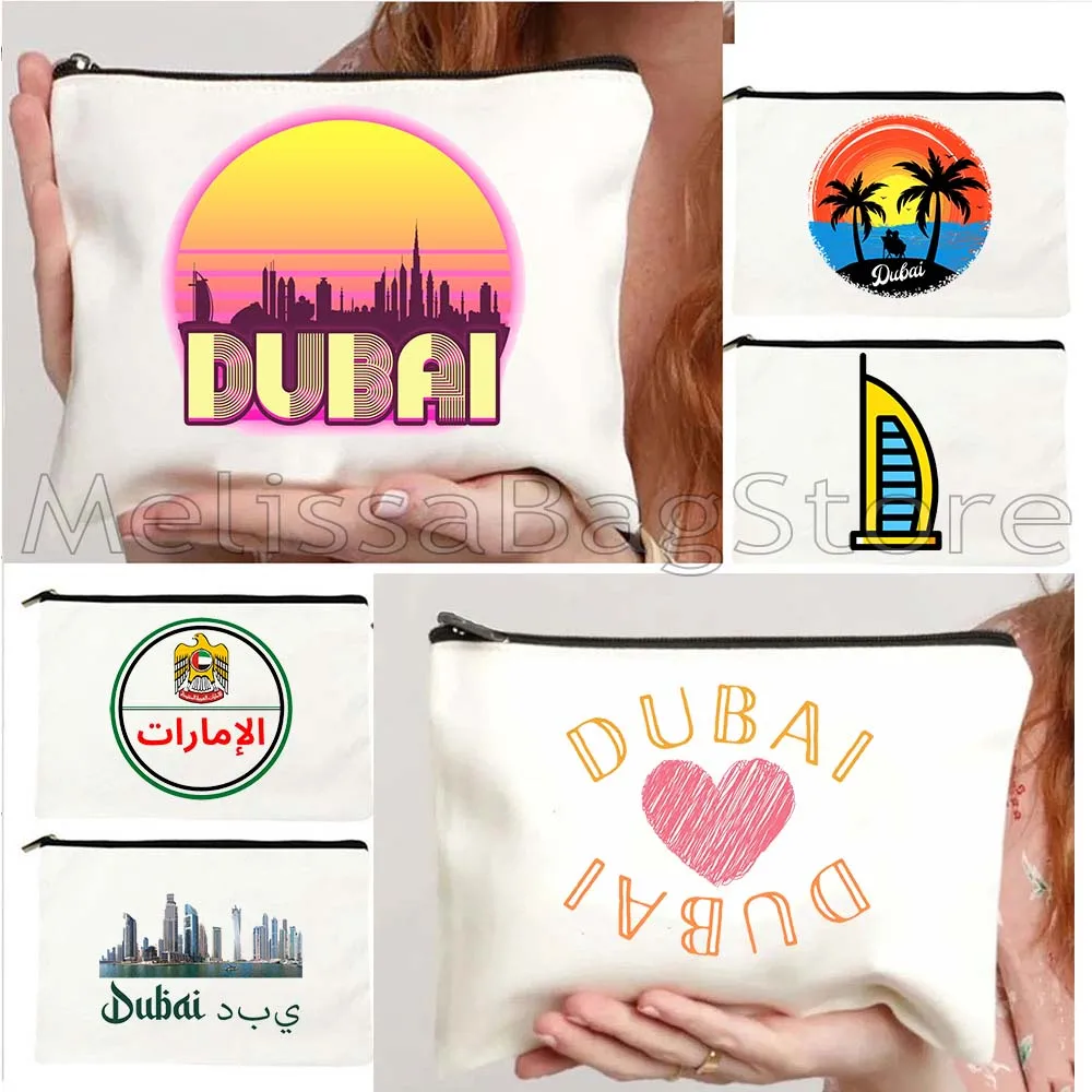 UAE Emirati Skyscraper Burj Khalifa Heart Dubai Skyline Retro United Arab Emirates Sunset Canvas Cosmetic Makeup Bag Case Pouch