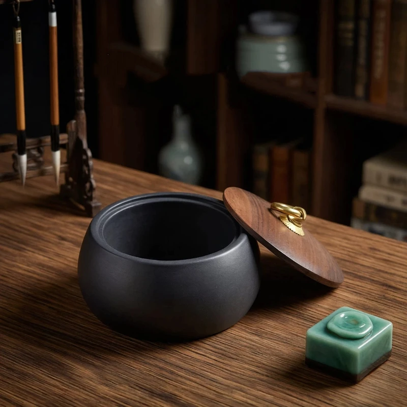 Round Natural Stone Ink Stone with Lid Large Capacity Ink Pool for Calligraphy Painting Art Supply Chinese Style Ink Stick