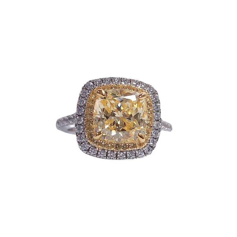 Micro-Pave Double Circle Yellow Diamond 2.5ct Moissanite Ring PT950 Platinum Women-Unique Design, Bright Yellow, Luxury Platinum
