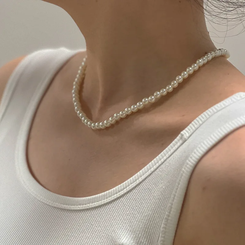 French Elegant Versatile Imitation Pearl Necklace Single Layer Faux Pearl Beaded Short Sexy Clavicle Chain Women's Holiday Gifts