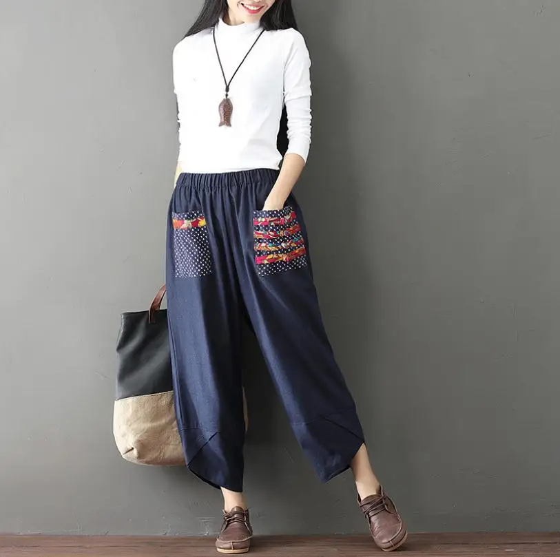 

Широкие брюки с этническим принтом, свободного кроя, с карманами, удобные, из смесового хлопка, для повседневной носки, асимметричные, длиной 7/8.