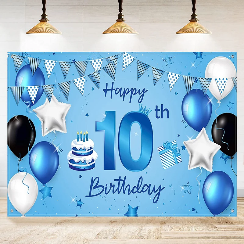 

Photography Backdrop Blue Sign Poster Balloon Banner For Boy Happy 10Th Birthday Anniversary Party Decoration Background