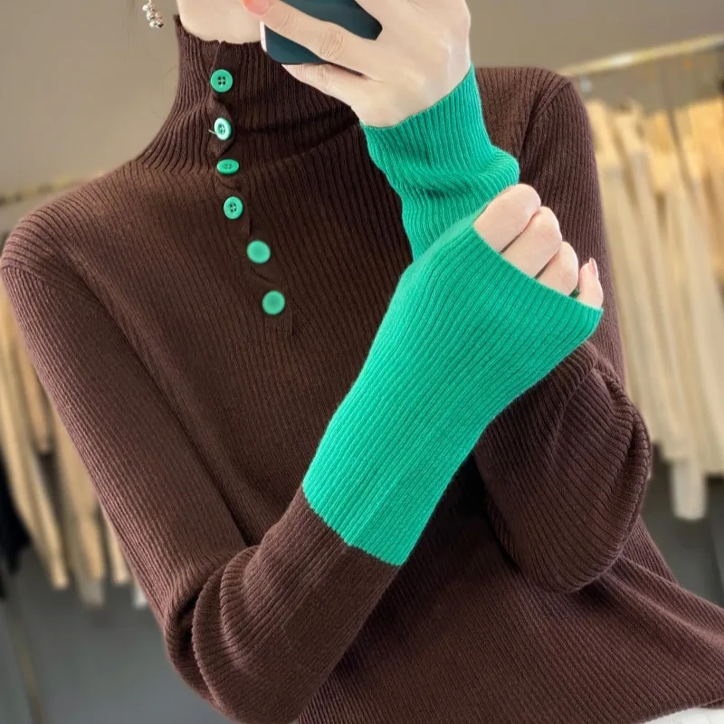 Fine Wool-like Turtleneck Single-Breasted Design Women's Base Shirt Fall Winter Fashion Popular Contrast Color Knitted Sweater