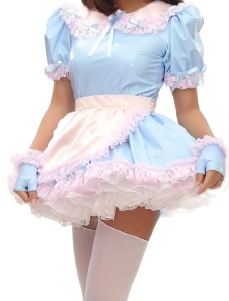 New French Lockable Sissy PVC Lace Skirt with Petticoat Lapel Maid Uniform Cosplay Customizable