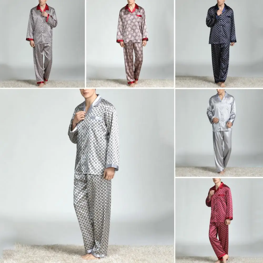 

Long Pants Sleepwear Print Imitation Silk Men Summer Pajama Set Shirt Nightwear