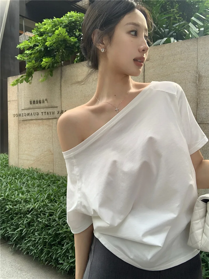 Damen Sommer Neu Lässiges Off-Shoulder Einfarbiges Vielseitiges Oberteil Locker und Stilvoll Kurzarm-T-Shirt Studenten-Oberteil Y2K-Stil – Detail 2
