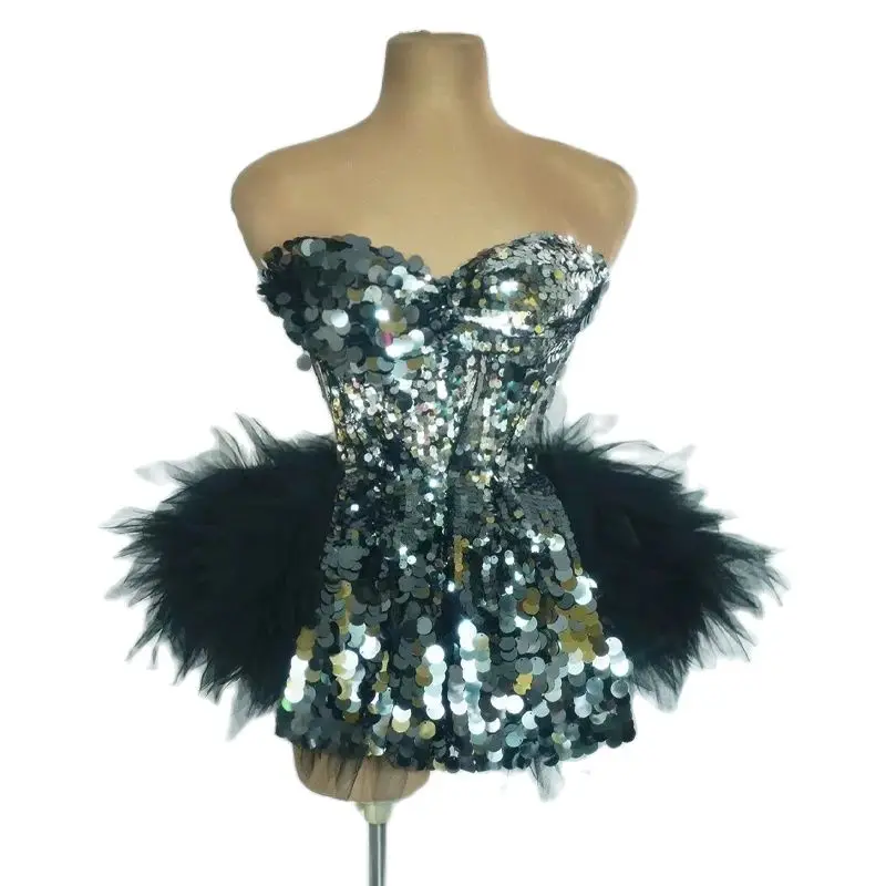 Sexy Sequins Backless Strapping Party Dress Women Evening Dresses Gogo Costumes Dj Ds Festival Clubwear Drag Queen Outfit XS8071