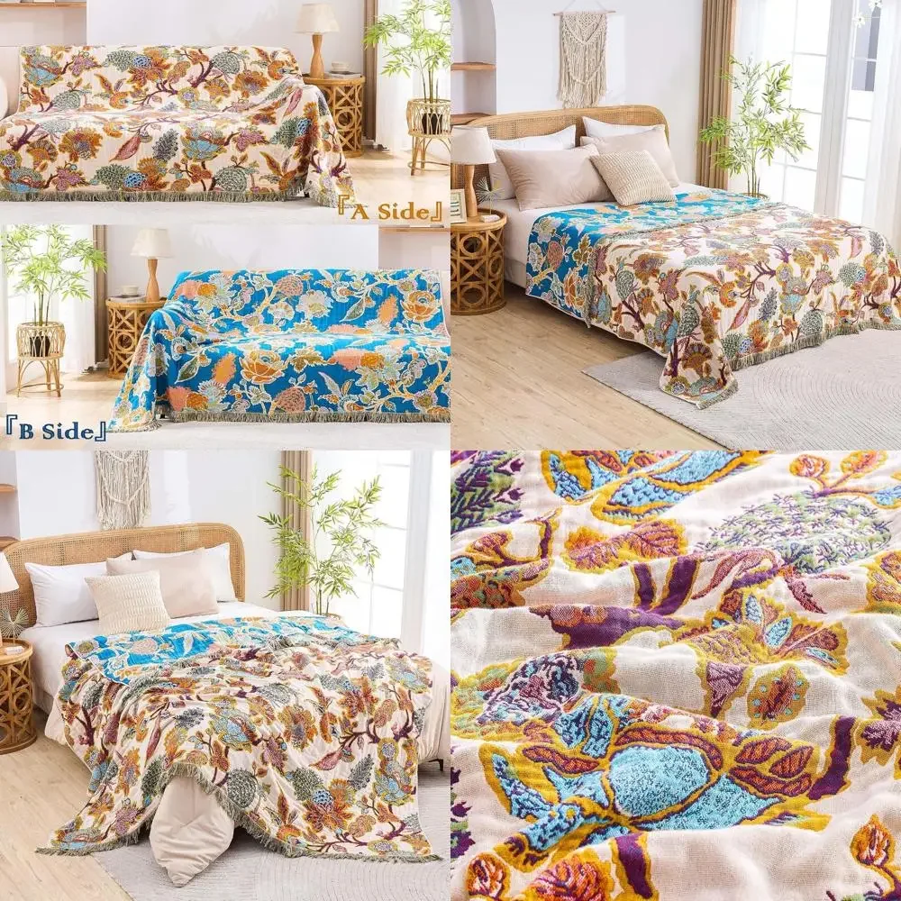 

Уютное богемное одеяло, 100% хлопок, с цветочным принтом, 90x98, двусторонний плед в деревенском стиле для всех сезонов