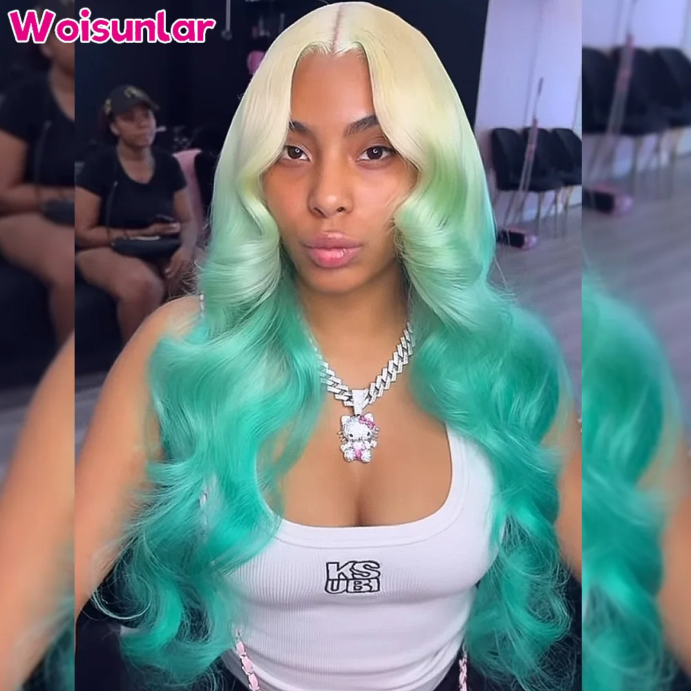 

36 inches Ombre 613 and Green Front Lace wig human hair 13x4 Transparent Lace Body wave 200% Black Women Natural Human hair wigs