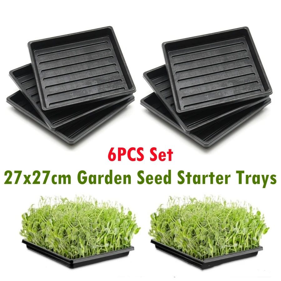 6PCS 27x27cm Square Plastic Garden Seed Starter Grow Trays No Drain Holes Plant Seeding Tray Flats for Growing Microgreens Wheat