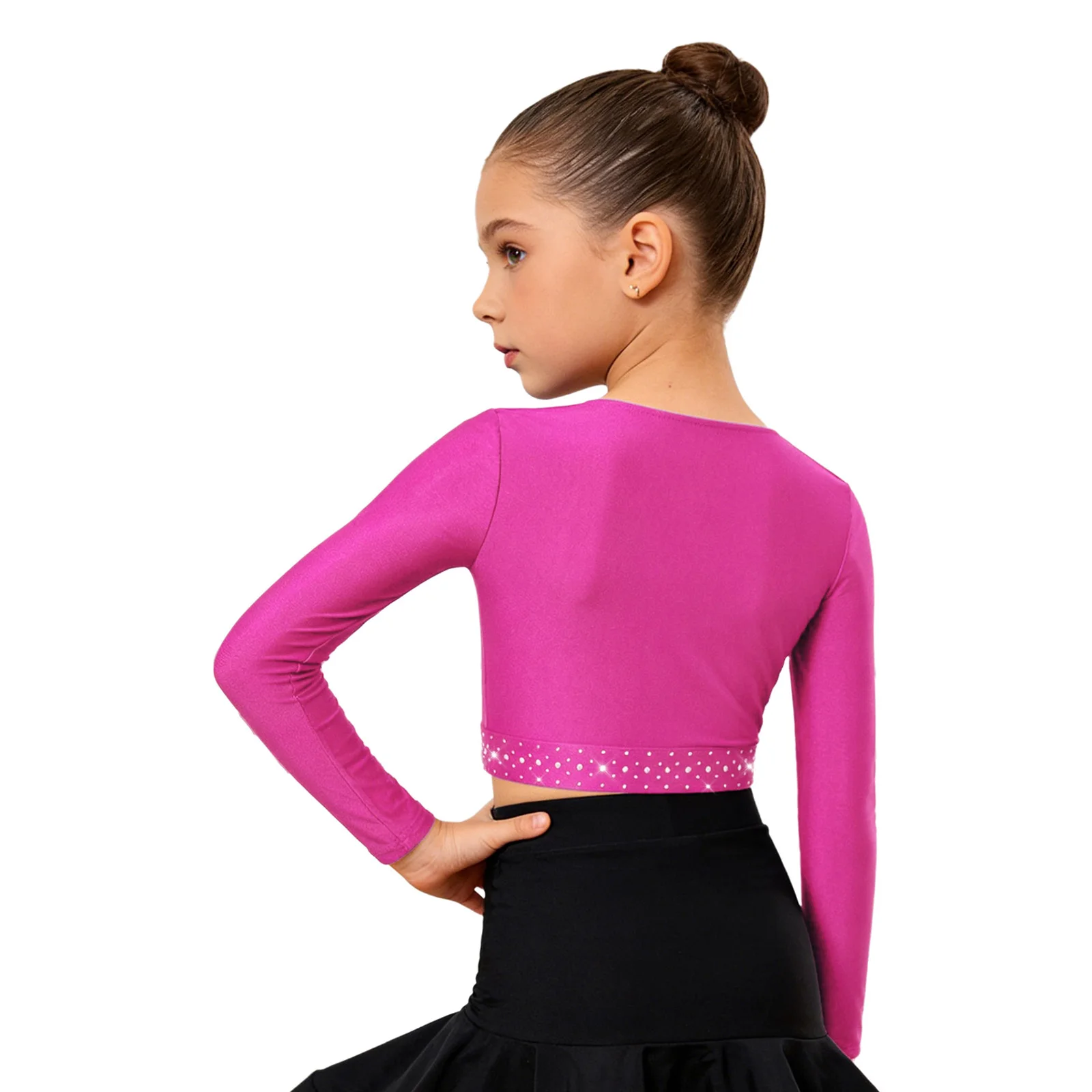 Kids Girls Shiny Rhinestones Ballet Dance Gymnastics Tops Long Sleeve Mesh Crop Top Figure Skating Acrobatics Modern Dancewear