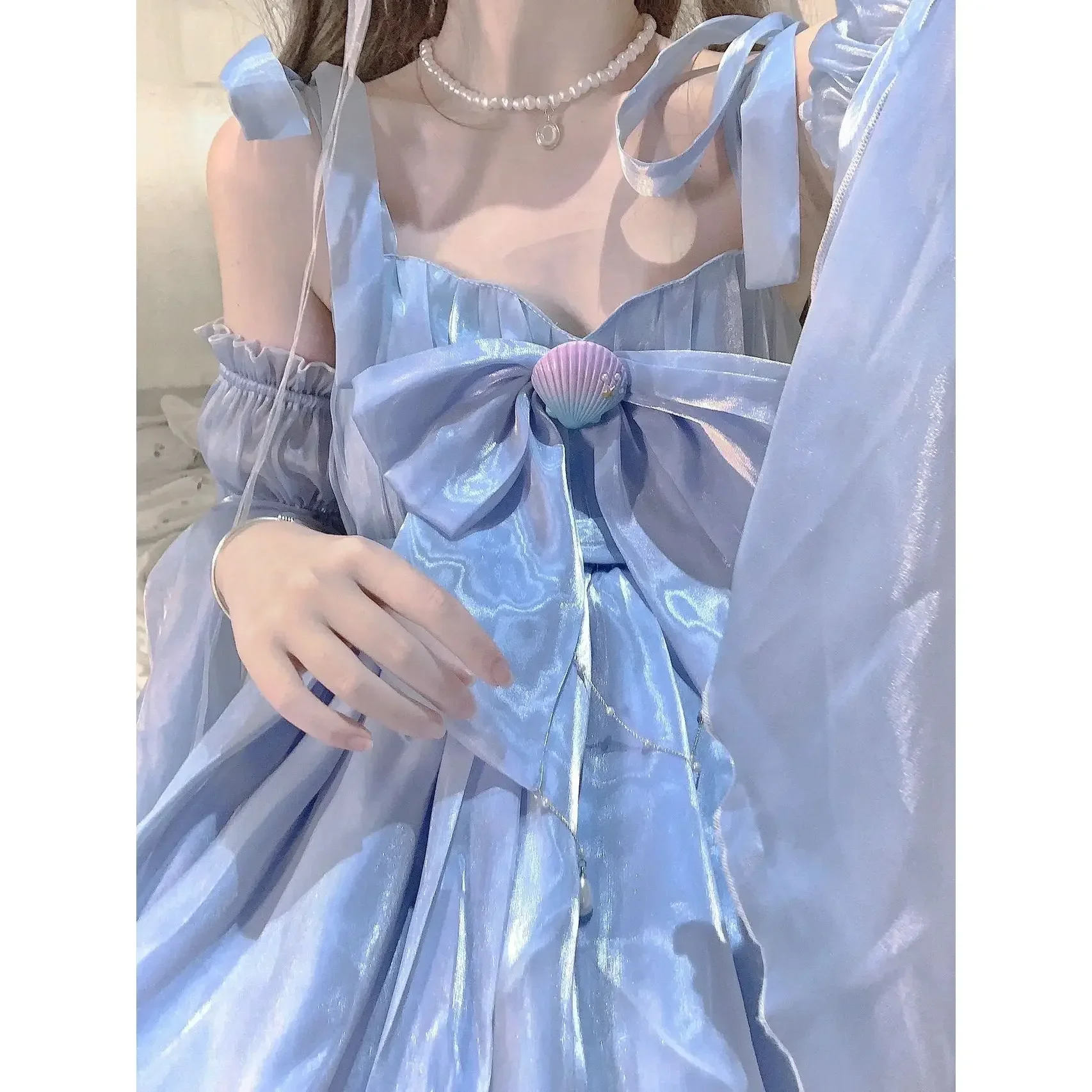 

MAGOGO Blue Lolita JSK Dress Flower Marry Elegant Gorgeous Princess Long Dress Women Sweet Bow Strap Dress with Removable Sleeve