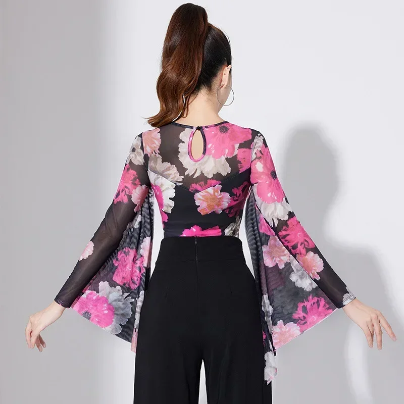 Modern Dance Costume Female Adult 2023 New Latin National Standard Waltz Printed Long Sleeves Tops for Women