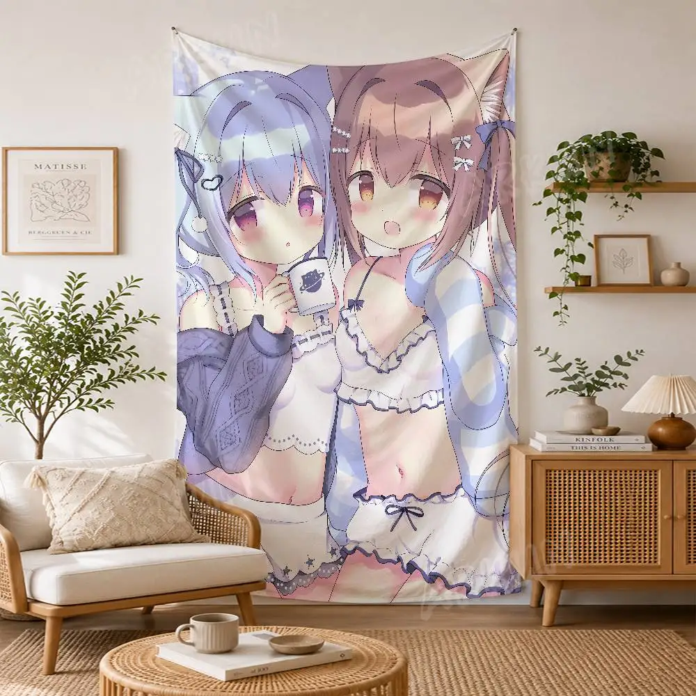 Hot Kawaii Neko Girls Tapestry, Blue Brown Cat Ear Anime Girls Wall Hanging, Sweet Loungewear Cat Girl Illustration Wall Cloth
