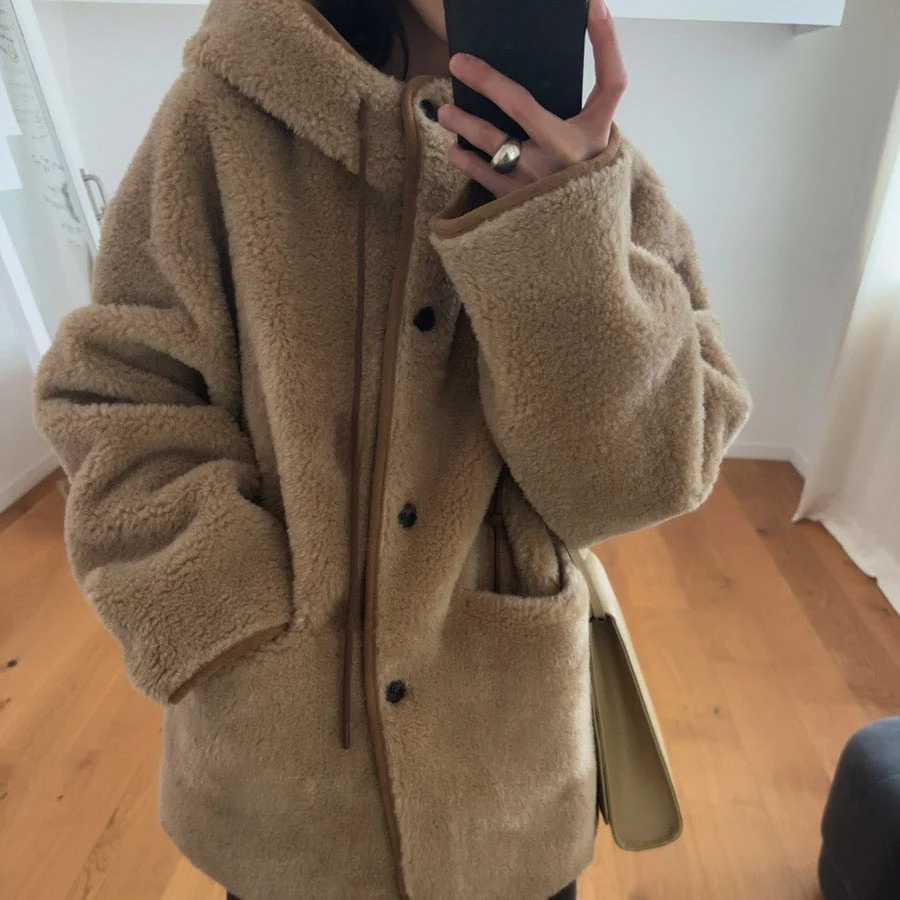 

Chic Hooded Leather Fur Inteated Jaet Women's Thiened Autumn Winter New Sle College Sle Versatile Warmth Polyester