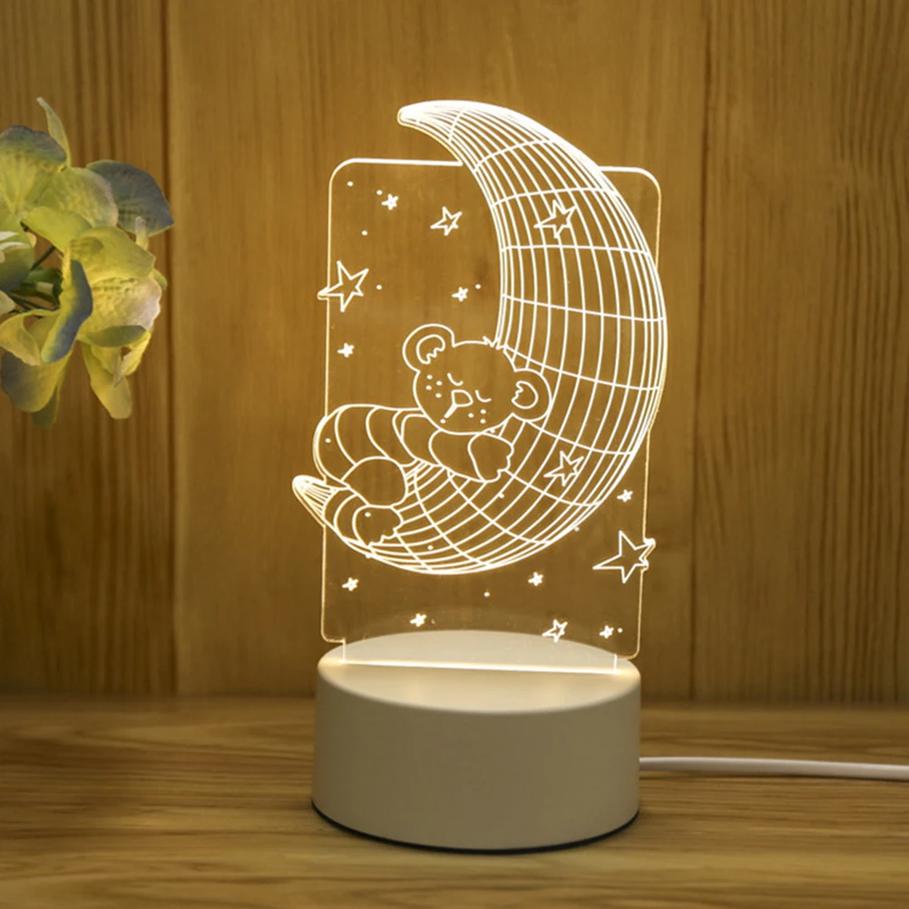 

LED Bedside Lamp Moon Bear 3D Light USB Rechargeable Warm Bedroom Night Cartoon Decor Table Hall Kids Room Bathroom