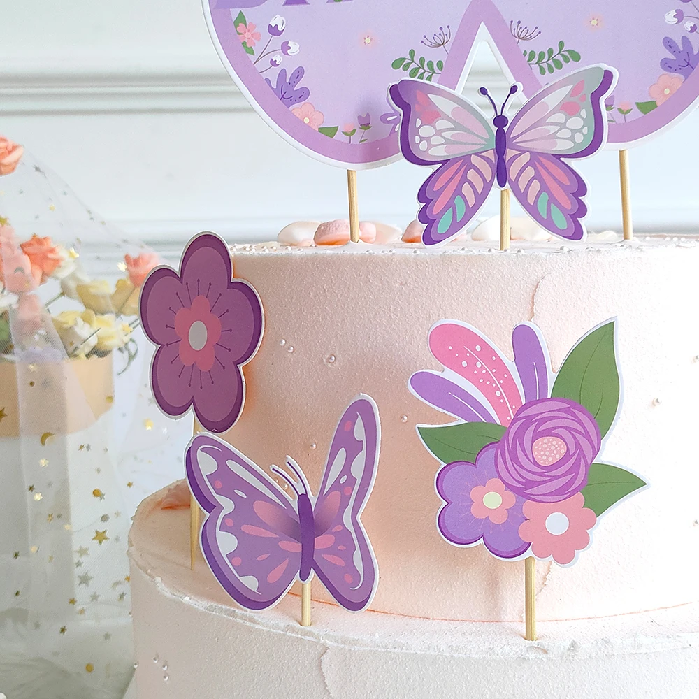 Purple Pink Butterfly Flag Cake Insert Birthday Banner Butterfly Printed Latex Global Wedding Baby Shower Birthday Party Decor