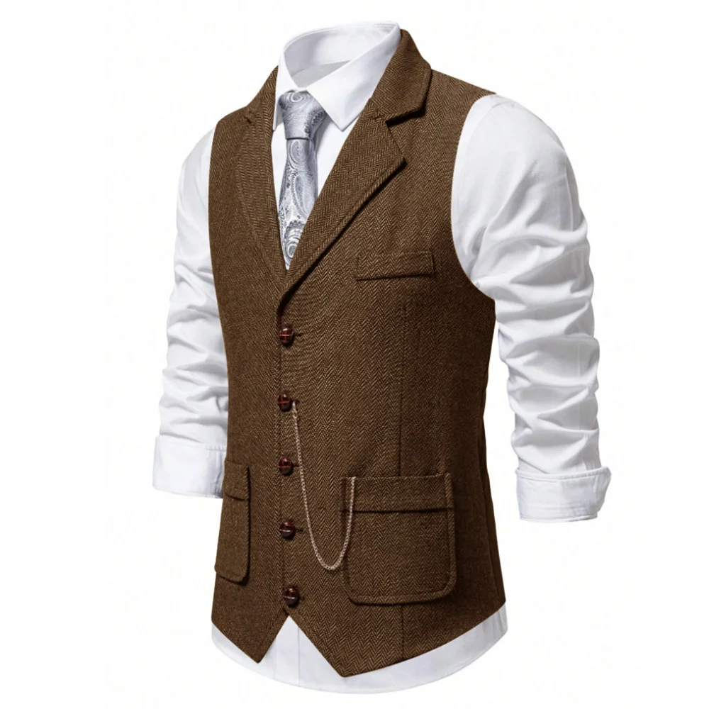 ผู้ชาย Herringbone Tweed Wool Vest Retro Lapel Single Breasted Casual แฟชั่น SLIM FIT เสื้อกั๊กผู้ชายสบายธุรกิจ