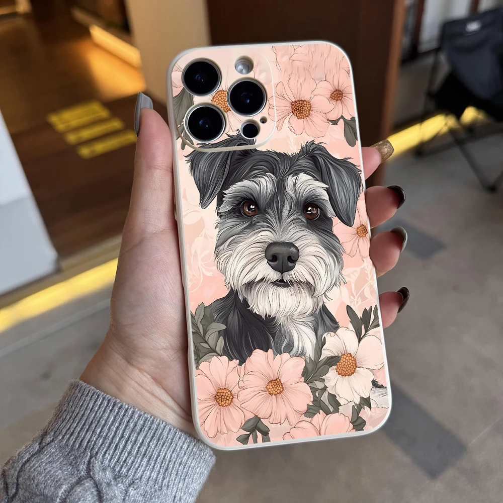 Funda de teléfono de moda estética con perro Schnauzer Floral bonito para iPhone 17 a 11 Pro Max Plus regalo de cumpleaños Schnauzer para mujer