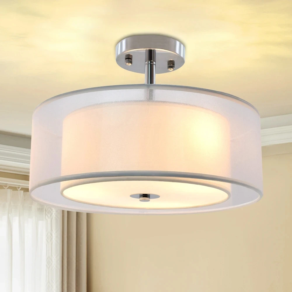 

3-light Classic Semi Flush Mount Ceiling Light with Drum Shade Adjustable Height for Dining Room Bedroom E26 Base