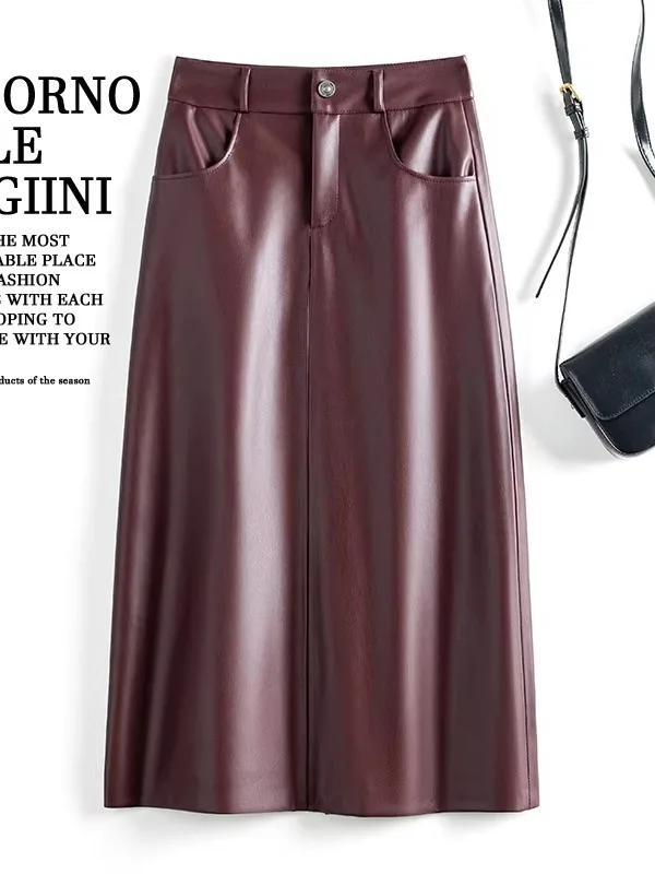 

Юбка из натуральной кожи Ning, женская, средней длины, с высокой талией, прямая, из натуральной кожи, с разрезом, повседневная