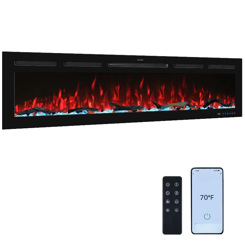L-uxsta-r Hot Sale 80 Inch Wall-mounted and Recessed Electric Fireplace, Multi Flame and Log Bed Colors w Sm-art APP Control