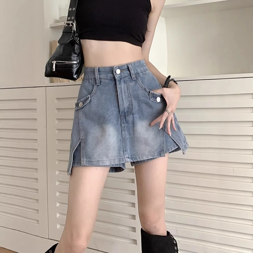 

Large Size Women's Clothing Retro Denim Skirt Summer Small High Waist Thin Versatile Design Sense A Word Short Skirt Pants