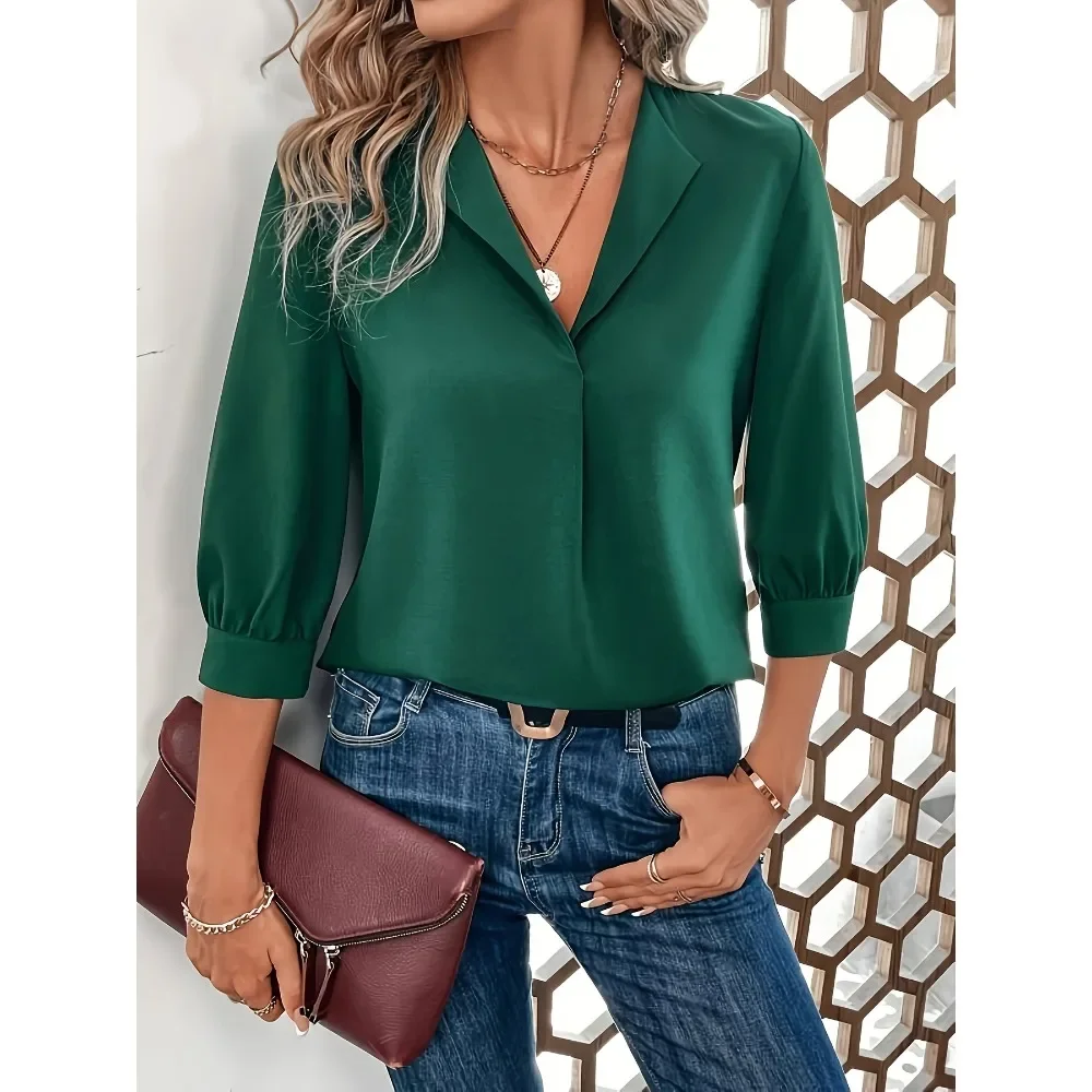 

Plus Size 1XL-5XL New Women's V-neck Lapel Simple Solid Color Shirt Top Women Clothing