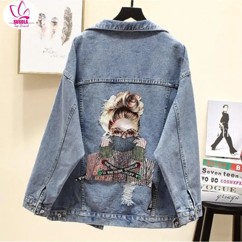 SUSOLA Lady BF Autumn Harajuku Printed Frayed Beading Denim Jacket Loose Casual Jeans Jacket Women Coats Outwear Female Jackets