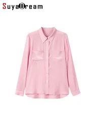 SuyaDream, Women Solid Shirts, 100%Silk Crepe de chine, Chest Pockets Chic Blouses, 2024 Spring Summer Office Lady, Pink