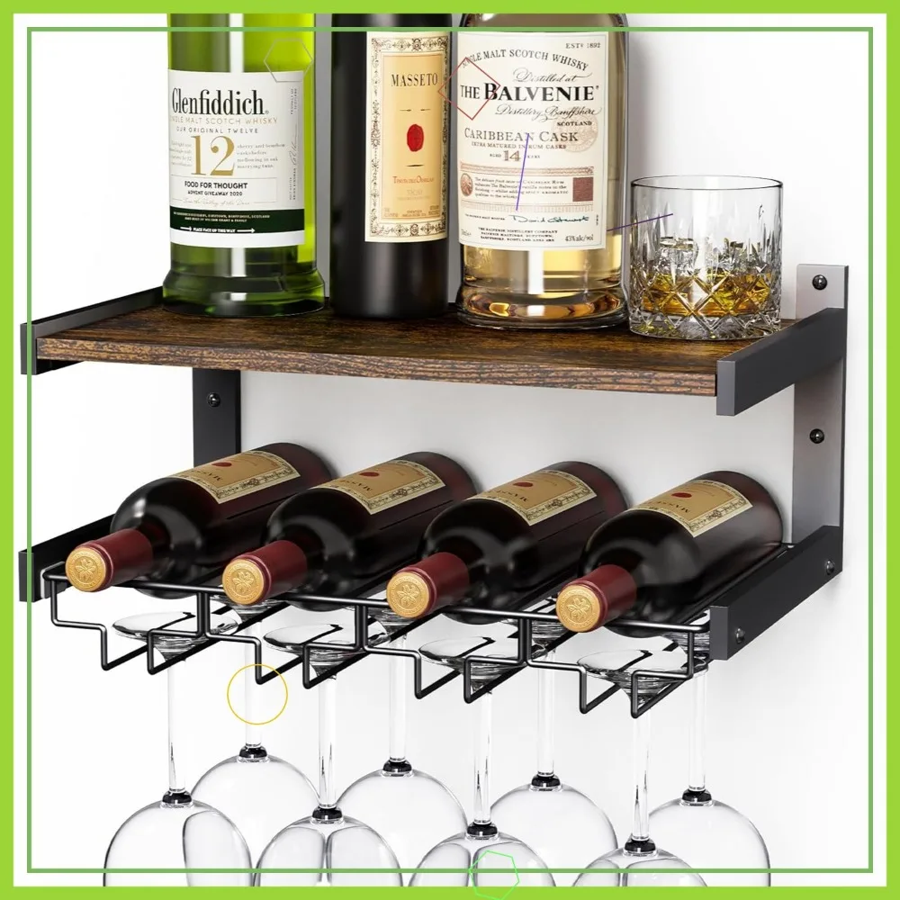 

Wall Mounted Wine Rack with Stemware Hanger, Industrial Style Floating Shelf for Bottles and Glasses, Brown