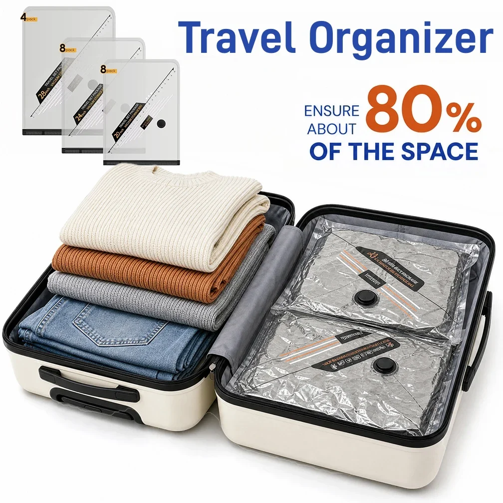 Tear Resistant Vacuum Compression Bags Travel Essentials Set, Waterproof Multipurpose Clothes Storage Luggage Organizer Reusable