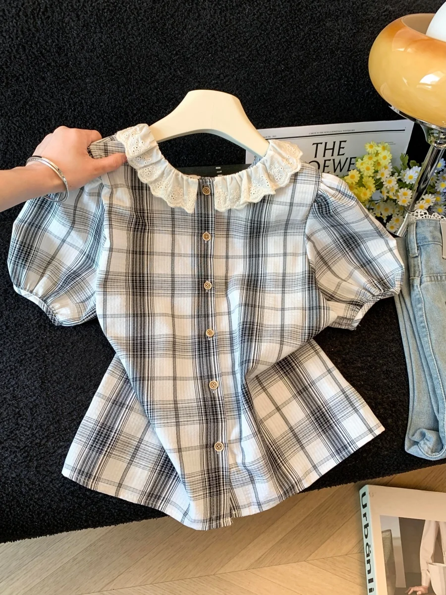 

Retro Lace Trim Doll Collar Short Sleeve Women's Shirt Summer 2026 Loose Slimming Fashionable Top Breathable Polyester Cotton...